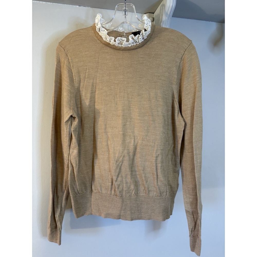 J CREW Camel Merino Wool Lace Collar Sweater L Preppy Classic‎